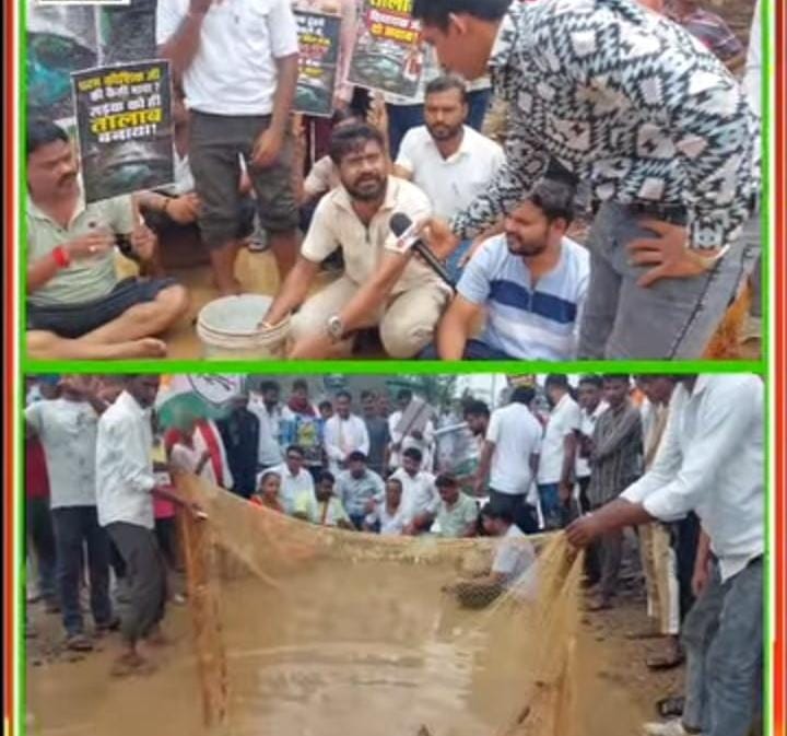 सड़क के गड्ढों में ‘मछली पालन’: बिल्हा में जर्जर सड़कों को लेकर कांग्रेस का अनोखा प्रदर्शन।